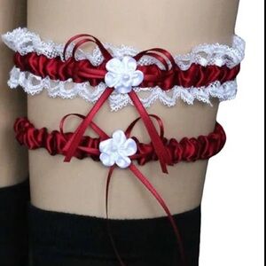 Burgundy and White Lace Garter Set